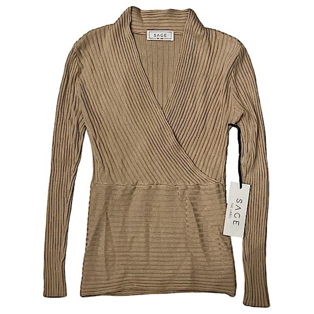NEW Sage The Label Beige Ribbed Deep V-Neck Sweater
